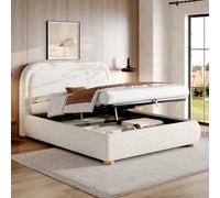 ZKLOEP Letto imbottito 160 x 200 cm, letto matrimoniale con rete a doghe, testiera e grande capienza, testiera imbottita bianca bouclé