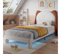 ZKLOEP Letto imbottito, letto singolo, letto per bambini, testa a orecchie di gatto, striscia luminosa a LED regolabile sotto il letto, rete a doghe stabili, PU, beige + marrone giallo, 90 x 200 cm
