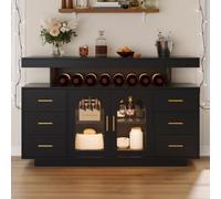 ZKLOEP Mobiletto per vino e caffè con 6 cassetti, 2 ante in vetro e ripiano aperto, moderno armadietto per liquori per cucina, soggiorno e sala da pranzo, 140 × 40 × 82 cm, nero