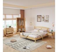 ZKLOEP Set camera da letto completa, 160 x 200 cm, 4 pezzi, letto moderno in rattan+comodino+cassettiera+armadio, letto matrimoniale, pino+truciolare+rattan sintetico, naturale