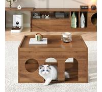 ZKLOEP Tavolino da caffè in noce con fori per gatti, 80 x 50 x 40 cm, finitura naturale in noce - perfetto per soggiorno moderno e interazione umano-animale