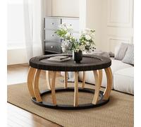 ZKLOEP Vintage Rattan Solid Wood Round Coffee Table, Curved Legs Boho Accent Table for Dining Room, Kitchen and Living Room, Black Brown, Nero Marrone