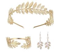 ZKSXOA 3 Pezzi Corona Dea Tiara,Orecchini Foglia Oro Perla,Bracciali Foglia,Boho Corona da Sposa Accessori per Capelli Foglie, Corone Romane Adatto per Fotografia di Viaggio,Feste di Matrimonio