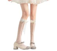 Zkydhbd Giapponese Calze Lunghe Con Fiocco Nastro Per Le Donne Scavato Fuori Cuore Increspato Pizzo Trim Sopra Il Vitello Delle Donne Caviglia, Beige, Taglia unica