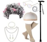 Zkydhbd Set di costumi da vecchia signora per bambini e ragazze, 100 giorni di scuola, nonna, costume per Halloween, parrucca e occhiali da nonna, set per bambine e ragazze, costume per Halloween