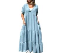 ZKYUCH Abito da Donna Imitazione Abito in Denim Colore Solido V Collo Alto in Vita Alta Maxi Abito A Pausa Intera Lunghezza,Color2,L