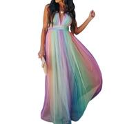 ZKYUCH Abito Lungo in Tulle Arcobaleno, Abito da Sera da Donna con Scollo A V Profondo E Cinturino per Spaghetti,Colore3,S