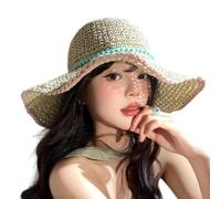 ZKYUCH Cappello da Sole A Tesa Larga all'Uncinetto da Donna con Bordo Pompon, Cappello A Secchiello in Paglia Traspirante per I Viaggi Estivi in Spiaggia,Colore1