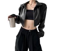 ZKYUCH Giacca in Pelle retrò con Risvolto A Maniche Lunghe da Donna in Primavera E Autunno, Giacca da Moto per Ragazza Dolce E alla Moda, Top Corto,Colore2,M50-55KG