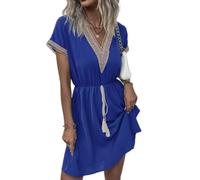 ZKYUCH Miniabito da Donna Boho con Scollo A V in Pizzo, Abito Casual Fluido con Nappe in Vita A Maniche Corte,Colore3,2XL