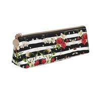 ZKZBDPLK Astuccio portapenne a triangolo in pelle con stampa a righe bianche e nere e rose rosse, elegante astuccio portapenne compatto e versatile, Nero Bianco Strisce Fiori Rosa Rosso, Taglia unica,