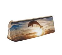 ZKZBDPLK Stella Marina e Corallo sulla Spiaggia Stampa Elegante Astuccio Triangolo in Pelle - Stampa all-over, Pelle Croce Fantasia, Astuccio portapenne compatto e versatile, Divertente Delfino