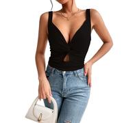 ZKZFCAI Canotta Donna Estiva Crop Top Sexy Senza Maniche con Scollo V Canottiera Corto Sportiva Aderente Tank Top Casual Elegante Maglietta Tinta Unita Shirt(Nero M)