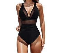 ZKZFCAI Costume da Bagno Intero Donna Sexy Scollo a V Bikini Push Up Imbottito Reggiseno Curvy Costumi da Mare Donna Interi Costumi Un Pezzo (IT, Testo, M, Regular, Regular, Nero)