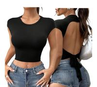 ZKZFCAI Maglia Schiena Scoperta Donna Sexy Crop Top T-Shirt Donna con Girocollo Magliette a Maniche Corte Estivo Tops a Costine Elegante Basic Shirt Tinta Unita Maglia Sexy Casual（Nero S）