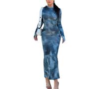 ZKZFCAI Vestito Donna Maniche Lunghe Aderente Abito Lungo con Collo Rotondo Sexy Tinta Unita Maxi Bodycon Vestito Elasticizzato Abito da Cocktai per Feste e Cerimonie Discoteca
