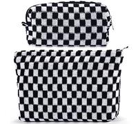 ZLFSRQ 2 borse per il trucco a scacchi per le donne grandi e piccole borse cosmetiche a scacchi set carino estetico nero per borsa da viaggio borse da toilette borse preppy borse per matite con