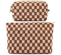 ZLFSRQ 2 trousse a scacchi da donna grande e piccola borsa cosmetica a scacchi set estetico preppy astuccio carino astuccio marrone per trucco per borsa da viaggio borse da toilette con cerniera borse