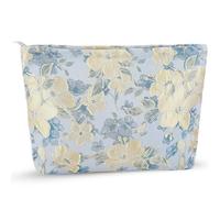 ZLFSRQ Borsa per il trucco con fiori per donne e ragazze, da viaggio, graziosa, floreale, grande, con cerniera, borsa da toeletta portatile estetica in rilievo blu beige pennelli da trucco organizer