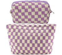 ZLFSRQ Set di 2 trousse per il trucco a scacchi da donna, grande, piccola, a scacchi, astuccio estetico, grazioso astuccio per matite viola, astuccio per trucco da viaggio, borse da toilette con