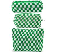 ZLFSRQ Set di 3 trousse per il trucco a scacchi da donna grande e piccola borsa cosmetica a scacchi set estetico preppy astuccio carino astuccio verde per trucco per borsa da viaggio borse da toilette