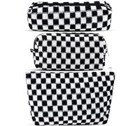 ZLFSRQ Set di 3 trousse per il trucco a scacchi da donna grande e piccola borsa cosmetica a scacchi set estetico preppy astuccio carino astuccio nero per trucco per borsa da viaggio borse da toilette