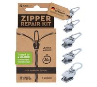Zlideon Kit Riparazione Cerniere Strette - 5 pz, Argento | Cursore di Ricambio Istantaneo per Zip di Abiti, Biancheria da Letto, Felpe, Giacche Leggere e Interni di Borse | Prodotto in Germania