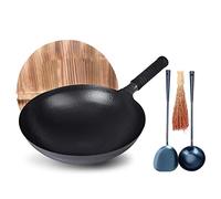 ZLLFHS Wok in ghisa Nera, padelle Professionali, Wok Cinesi in Ferro martellato a Mano, con Fondo Rotondo e Manico, Senza Rivestimento, Meno Olio, pentola Antiaderente, 34 cm(34 cm)