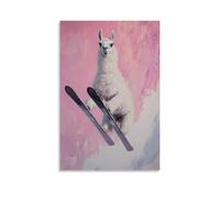 ZLLJXFZZ Decorazione artistica da parete con dipinto a olio di un lama a metà salto, sci incrociato, respiro visibile su rosa alpino. Decorazione artistica da parete moderna da appendere, 50 x 75 cm