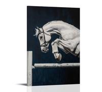 ZLLJXFZZ Decorazione artistica da parete con immagine di un cavallo, caveau medio sopra le sbarre di ostacolo su sfondo blu navy, decorazione moderna da appendere, poster artistico da appendere, 40 x