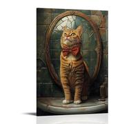 ZLLJXFZZ Decorazione artistica da parete con immagine di un gatto che regola accuratamente il papillon davanti a uno specchio del bagno incrinato, decorazione artistica da parete, decorazione moderna