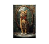 ZLLJXFZZ Decorazione artistica da parete con immagine di un gatto che regola accuratamente il papillon davanti a uno specchio del bagno incrinato. Decorazione artistica da parete moderna, poster