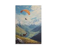 ZLLJXFZZ Decorazione artistica da parete con immagine di un lama che parapendio da una cresta innevata nelle valli verdi sottostanti, decorazione artistica da parete moderna da appendere, 50 x 75 cm