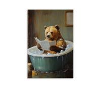 ZLLJXFZZ Decorazione artistica da parete con immagine di un orso che lancia frittelle in un bagno di bolle durante la lettura di notizie di lavoro, decorazione artistica da parete moderna, poster