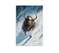 ZLLJXFZZ Decorazione artistica da parete con immagine di uno yak che scia lungo pendii innevati, corna che tagliano il vento. Decorazione artistica da parete moderna da appendere, 30 x 45 cm