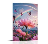 ZLLJXFZZ Decorazione artistica da parete con paesaggio da sogno con fiori giganti, farfalle di grandi dimensioni e cielo color arcobaleno, decorazione moderna da appendere, 50 x 75 cm