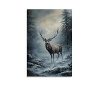 ZLLJXFZZ Decorazione artistica da parete con pittura ad olio con animali con cervo nella nebbia, decorazione moderna da appendere, 50 x 75 cm
