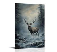 ZLLJXFZZ Decorazione artistica da parete con pittura ad olio con animali con cervo nella nebbia, decorazione moderna da appendere, 50 x 75 cm