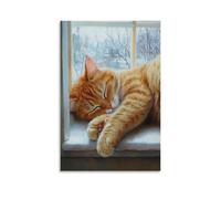 ZLLJXFZZ Decorazione artistica da parete con pittura ad olio con gatto che sogna sul davanzale della finestra, decorazione moderna da appendere, poster artistico da appendere, 50 x 75 cm
