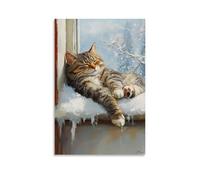 ZLLJXFZZ Decorazione artistica da parete con pittura ad olio con gatto che sogna sul davanzale della finestra, decorazione moderna da appendere, poster artistico da appendere, 50 x 75 cm