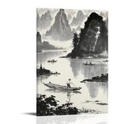 ZLLJXFZZ Decorazione artistica da parete con pittura tradizionale cinese di montagne nebbiose, un fiume sinuoso e un pescatore solitario su un Ba, decorazione artistica da parete, poster artistico da