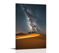 ZLLJXFZZ Decorazione artistica da parete con scena del deserto mediorientale con carovana di cammelli, dune dorate e cielo stellato, decorazione artistica da parete, poster artistico da appendere, 20