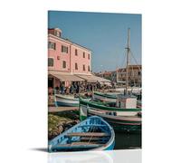 ZLLJXFZZ Decorazione artistica da parete con una città costiera con barche colorate da pesca, un mercato vivace e un cielo blu chiaro sopra la testa, decorazione artistica da appendere in stile