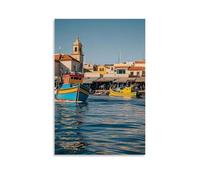 ZLLJXFZZ Decorazione artistica da parete con una città costiera con barche colorate da pesca, un mercato vivace e un cielo blu chiaro sopra la testa, decorazione artistica da appendere in stile