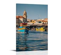 ZLLJXFZZ Decorazione artistica da parete con una città costiera con barche colorate da pesca, un mercato vivace e un cielo blu chiaro sopra la testa, decorazione artistica da appendere in stile