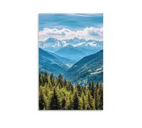 ZLLJXFZZ Decorazione artistica da parete con vista sulle Alpi con cime innevate e foreste di pino, decorazione moderna da appendere, 60 x 90 cm
