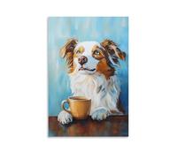 ZLLJXFZZ Decorazione artistica da parete, decorazione moderna da appendere con dipinto a olio di un cane che sorseggia il tè e sogna ad occhi aperti davanti a uno sfondo blu costiero, decorazione