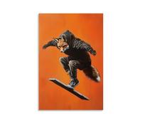 ZLLJXFZZ Decorazione artistica da parete, decorazione moderna da appendere con dipinto a olio di una volpe con cappuccio che esegue un Heelflip su un cordolo su uno sfondo arancione tinta unita