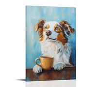 ZLLJXFZZ Decorazione artistica da parete, decorazione moderna da appendere con pittura a olio di un cane che sorseggia il tè e sogna ad occhi aperti davanti a uno sfondo blu costiero, decorazione