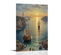 ZLLJXFZZ Decorazione artistica da parete ispirata al Rinascimento con navi che navigano su un mare calmo e un faro lontano, decorazione artistica da parete, poster artistico da appendere, 20 x 30 cm